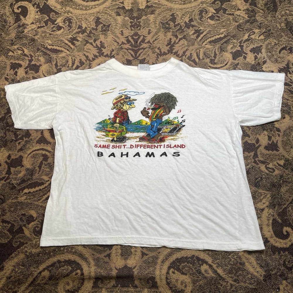 Vtg 90s white t-shirt Same Sht Different Island Bahamas Mens Size XL boxy